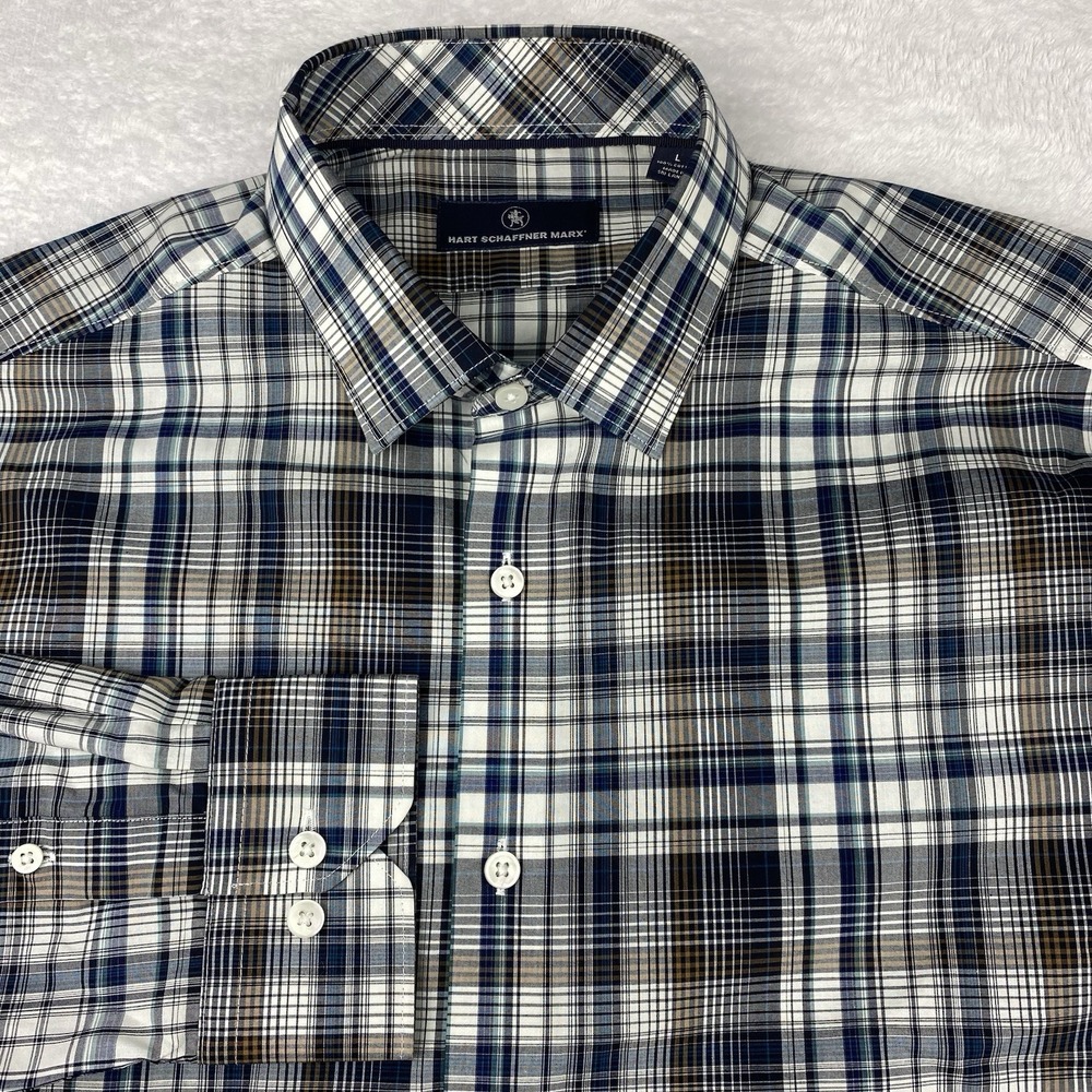 Hart Schaffner‎ Marx Dress Shirt Mens Large Blue/Brown Plaid Regular Fit
